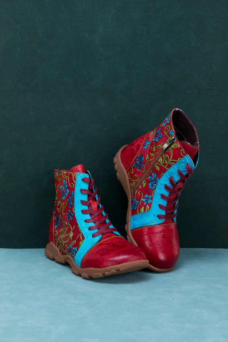 SOFFIA | SWIRL FLORAL EMBOSSED LACE UP LEATHER COMBAT BOOT - Image 8