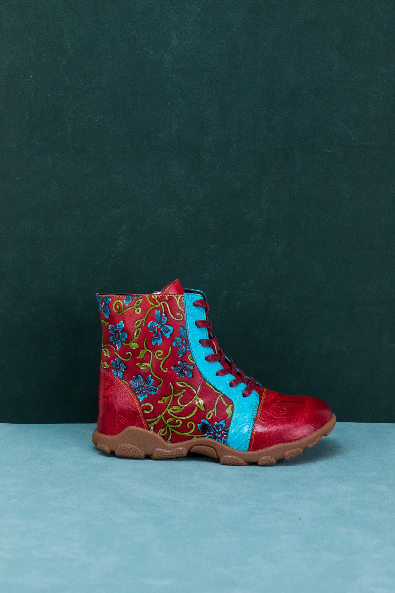 SOFFIA | SWIRL FLORAL EMBOSSED LACE UP LEATHER COMBAT BOOT - Image 9