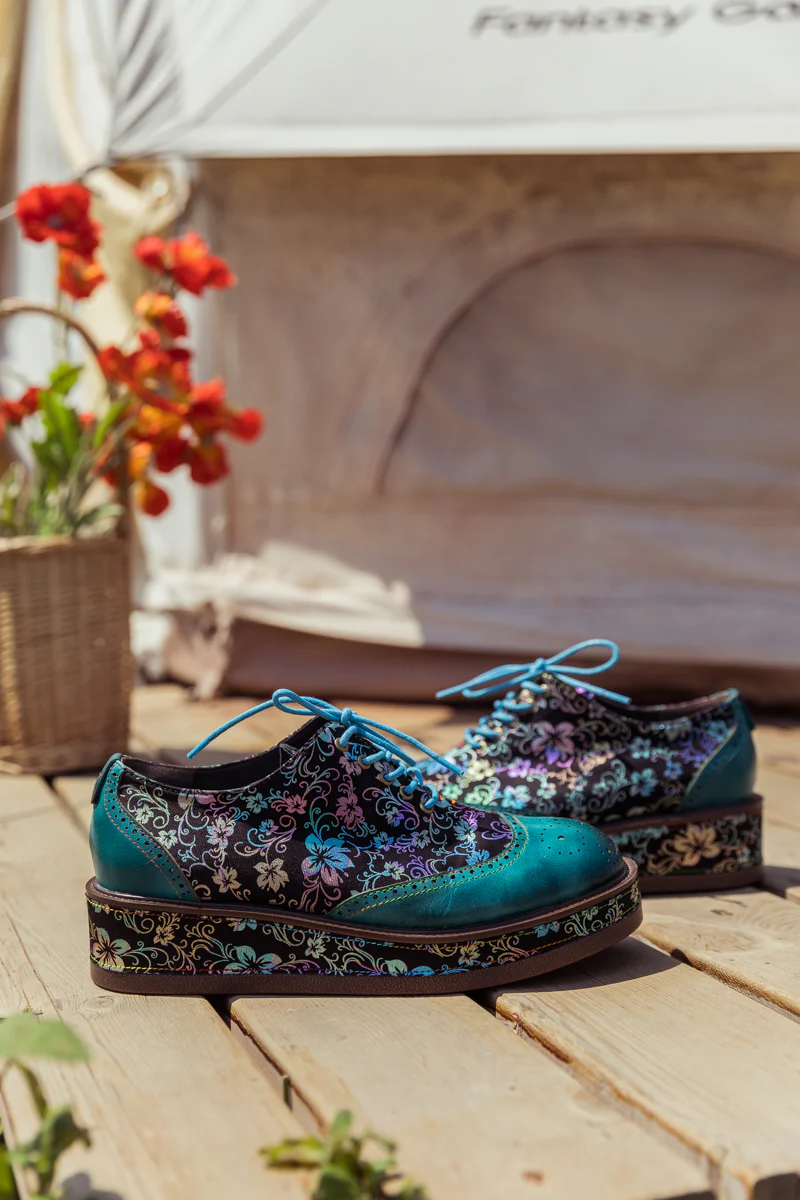 SOFFIA | TEAL FLORAL LEATHER PLATFORM OXFORD - Image 3