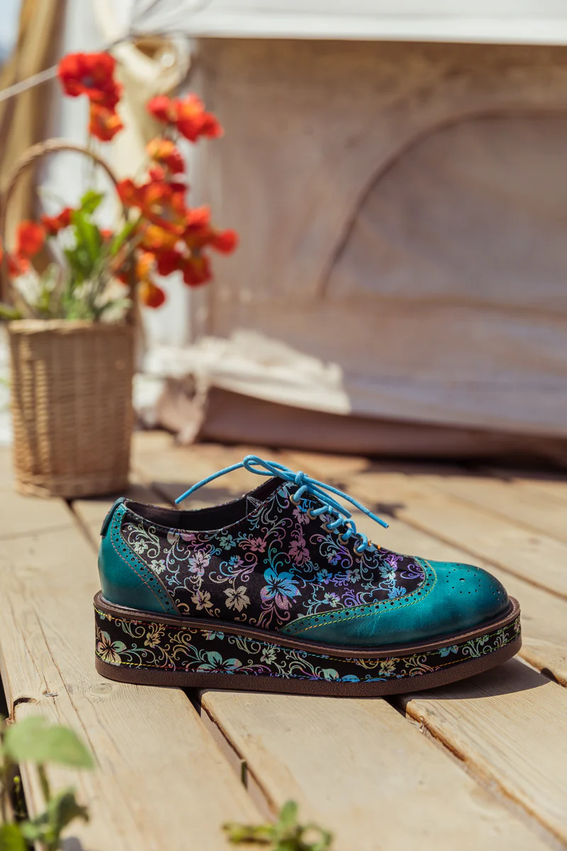 SOFFIA | TEAL FLORAL LEATHER PLATFORM OXFORD - Image 4