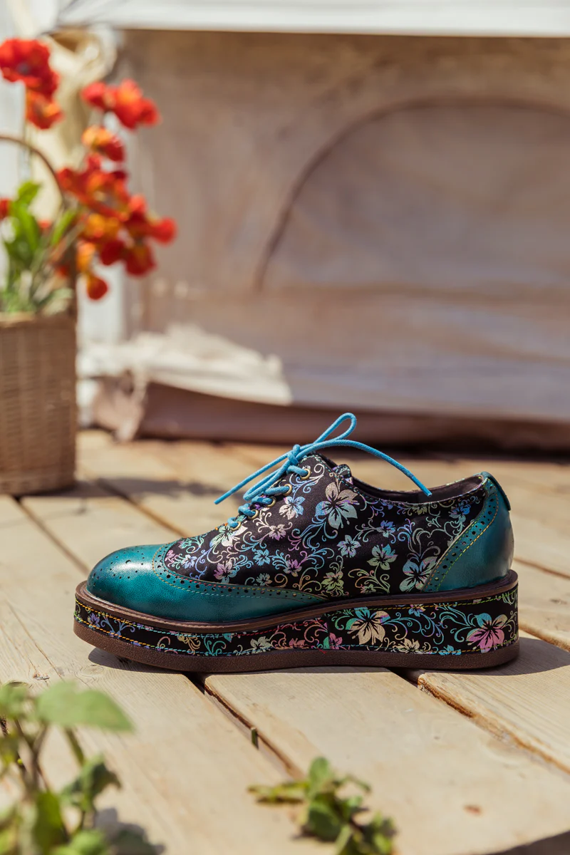 SOFFIA | TEAL FLORAL LEATHER PLATFORM OXFORD - Image 5