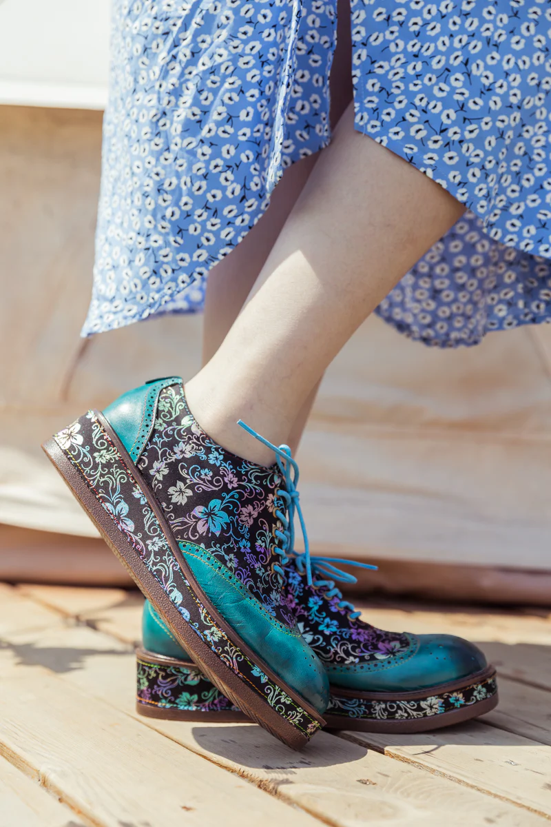 SOFFIA | TEAL FLORAL LEATHER PLATFORM OXFORD - Image 7