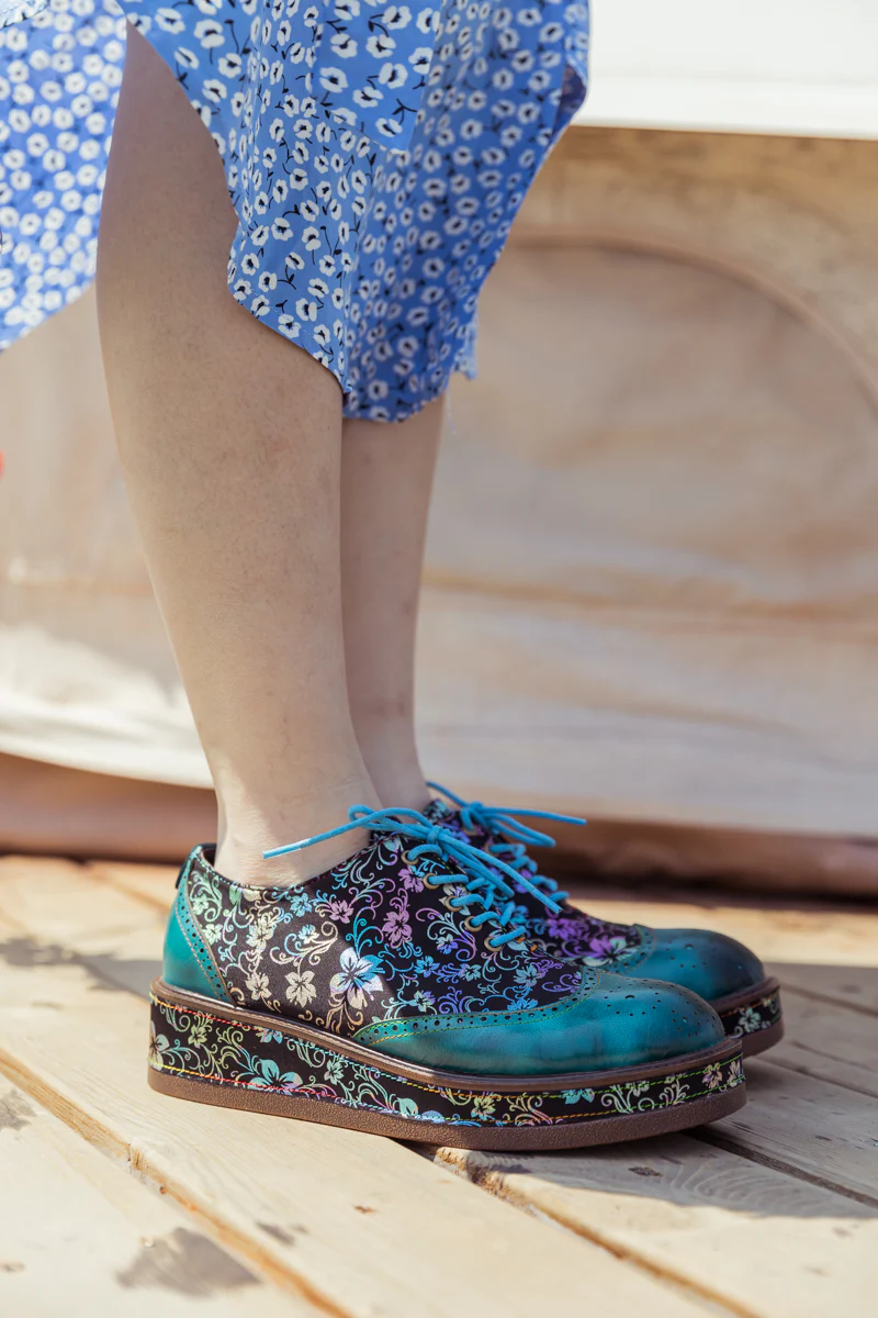 SOFFIA | TEAL FLORAL LEATHER PLATFORM OXFORD - Image 8
