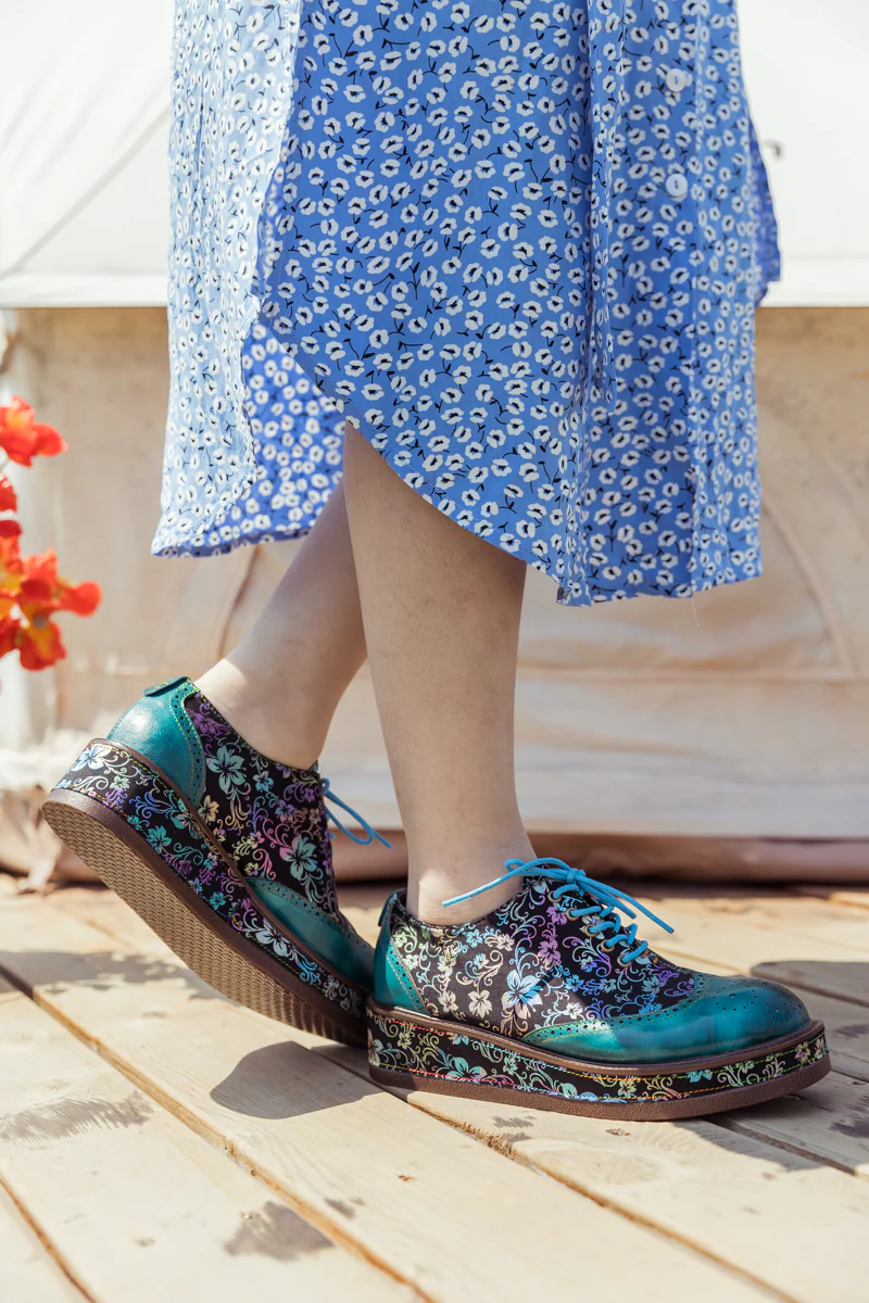 SOFFIA | TEAL FLORAL LEATHER PLATFORM OXFORD - Image 9