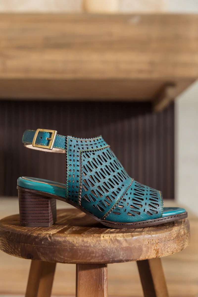 SOFFIA | Teal Perforated Leather Slingback - Image 2