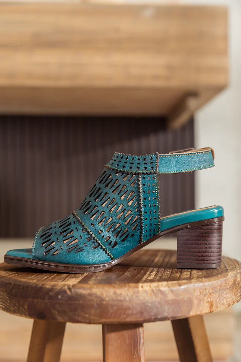 SOFFIA | Teal Perforated Leather Slingback - Image 3