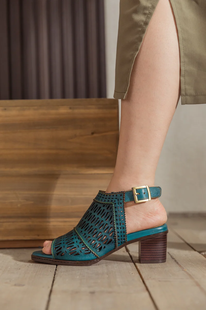 SOFFIA | Teal Perforated Leather Slingback - Image 5