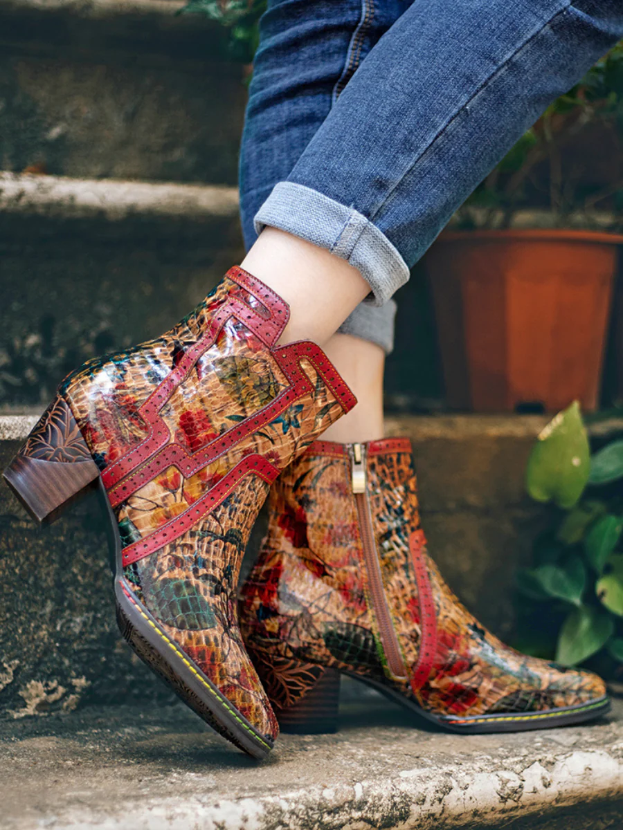 SOFFIA | Terracotta Warriors Vintage Genuine Leather Mid Heel Ankle Boots - Image 3