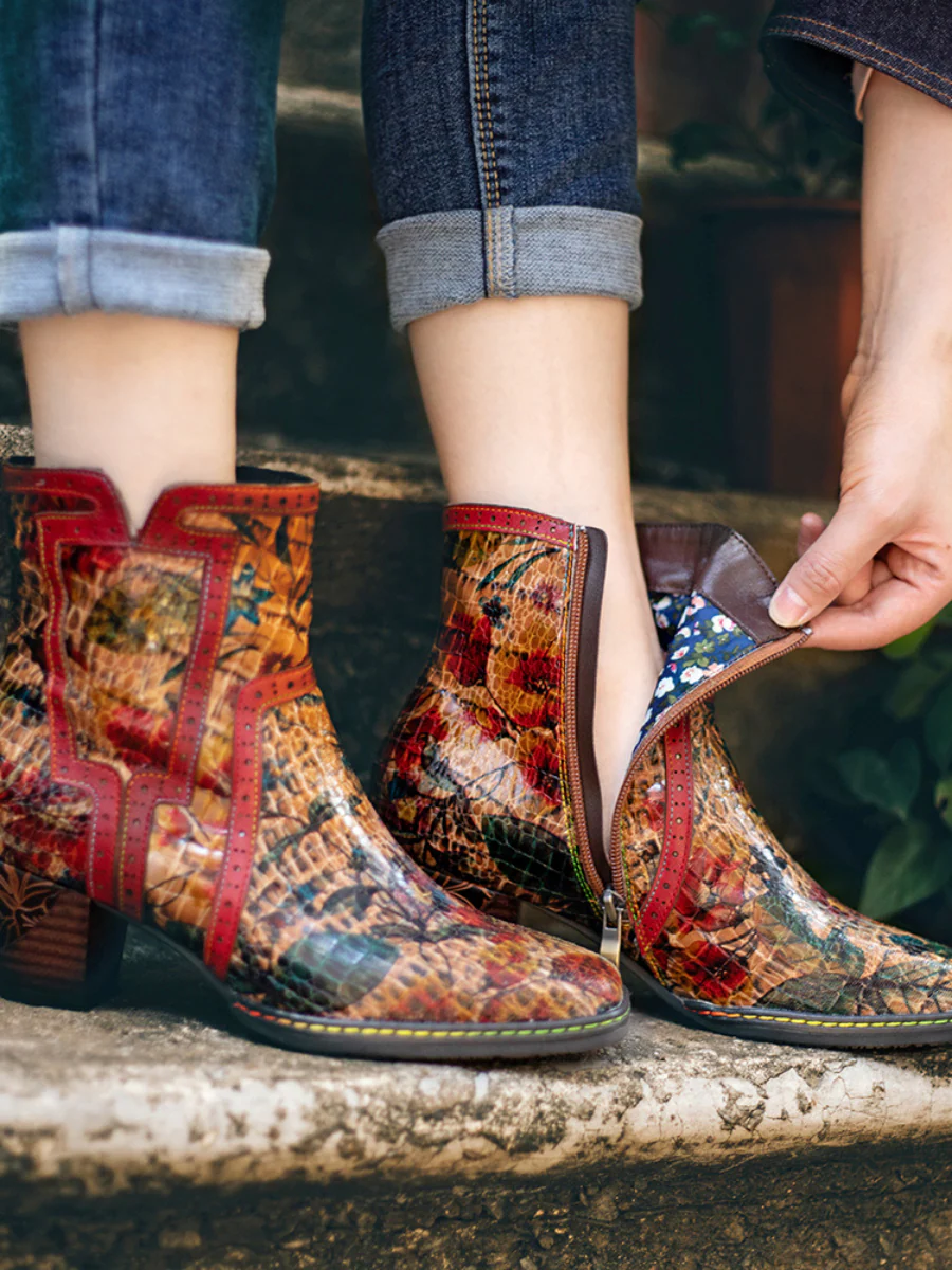 SOFFIA | Terracotta Warriors Vintage Genuine Leather Mid Heel Ankle Boots - Image 4