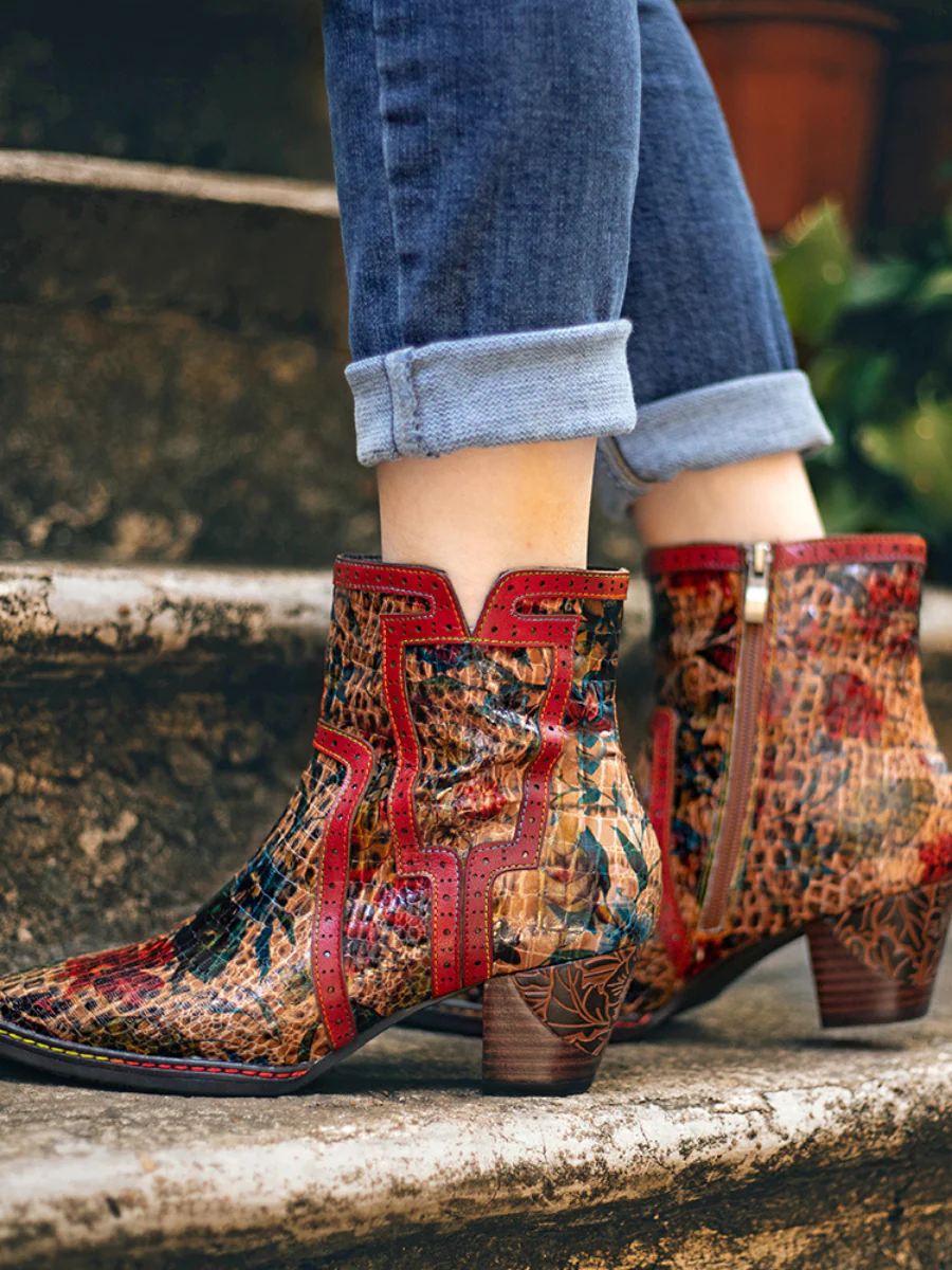 SOFFIA | Terracotta Warriors Vintage Genuine Leather Mid Heel Ankle Boots - Image 5