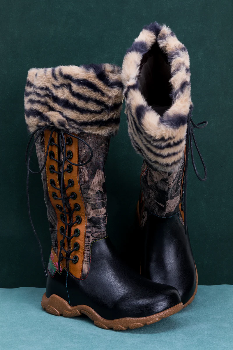 SOFFIA | TIGER PATTERN FUR CIRCUM LEATHER TIE-ACCENT BOOT - Image 10