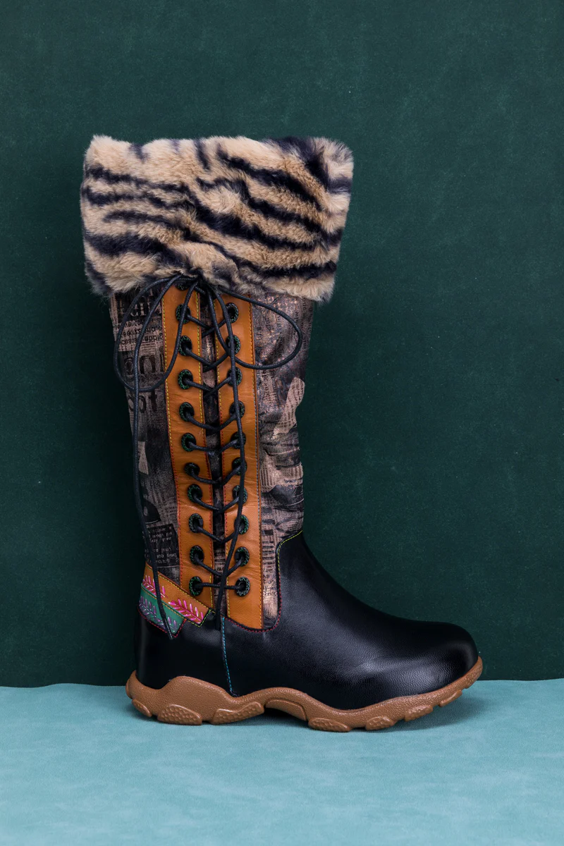 SOFFIA | TIGER PATTERN FUR CIRCUM LEATHER TIE-ACCENT BOOT - Image 11