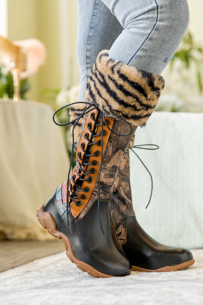SOFFIA | TIGER PATTERN FUR CIRCUM LEATHER TIE-ACCENT BOOT - Image 3