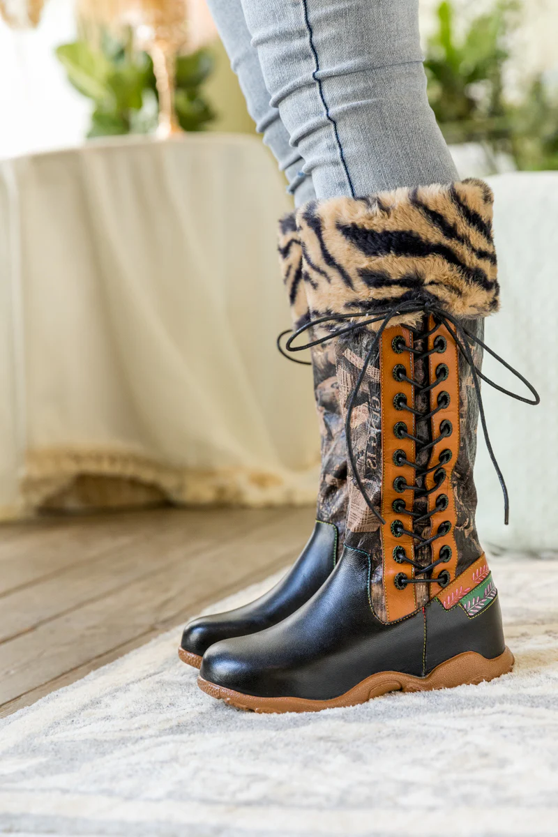 SOFFIA | TIGER PATTERN FUR CIRCUM LEATHER TIE-ACCENT BOOT - Image 4