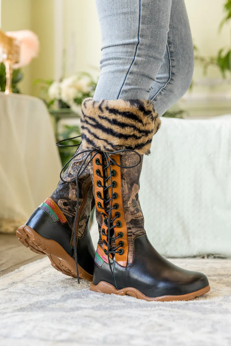 SOFFIA | TIGER PATTERN FUR CIRCUM LEATHER TIE-ACCENT BOOT - Image 5