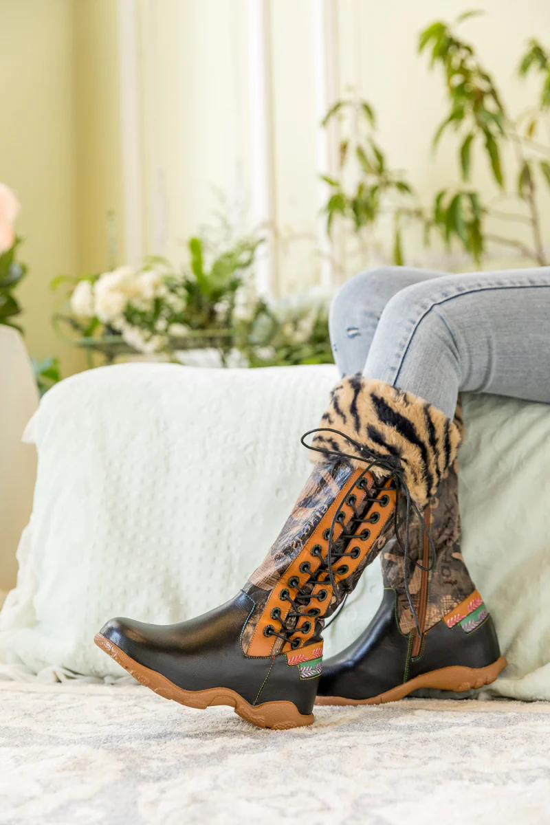 SOFFIA | TIGER PATTERN FUR CIRCUM LEATHER TIE-ACCENT BOOT - Image 6