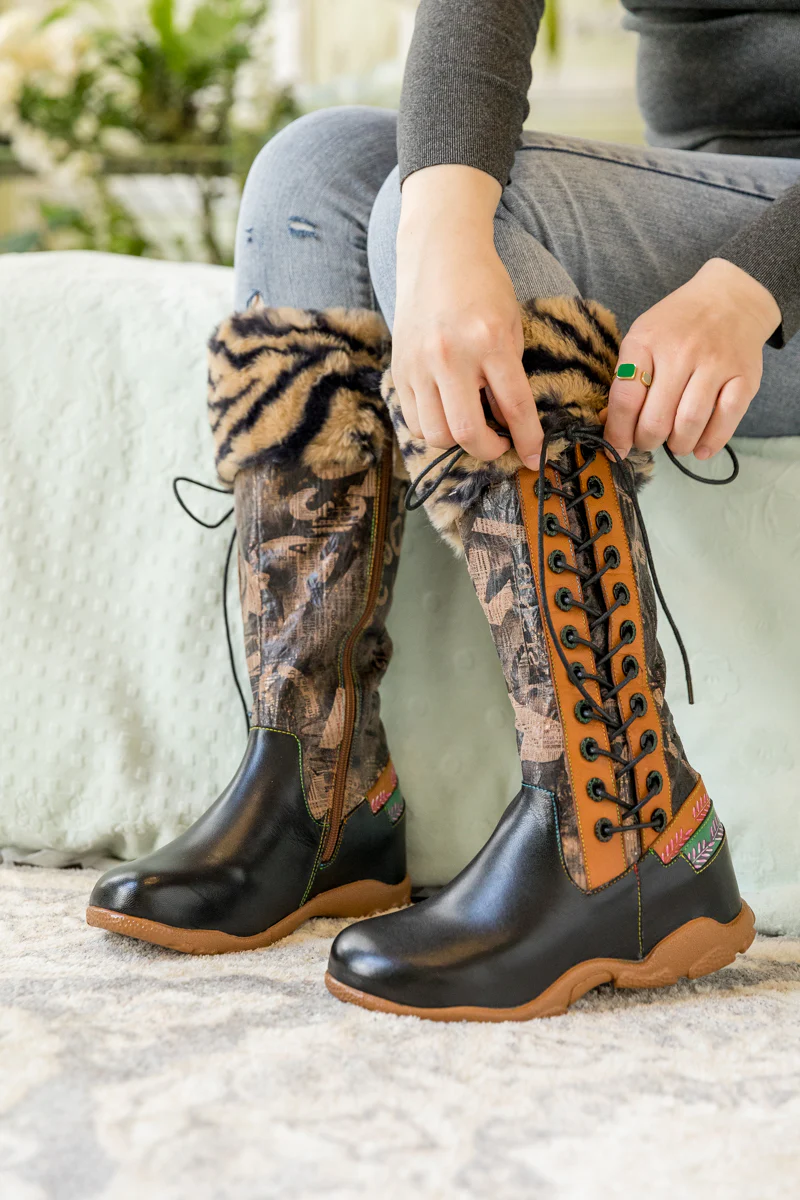 SOFFIA | TIGER PATTERN FUR CIRCUM LEATHER TIE-ACCENT BOOT - Image 7