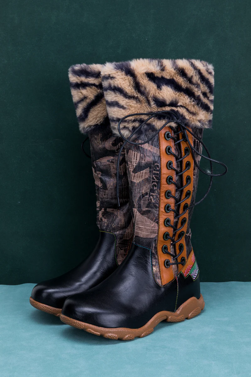 SOFFIA | TIGER PATTERN FUR CIRCUM LEATHER TIE-ACCENT BOOT - Image 8