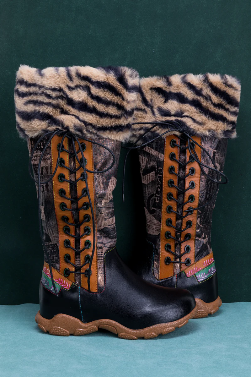 SOFFIA | TIGER PATTERN FUR CIRCUM LEATHER TIE-ACCENT BOOT - Image 9