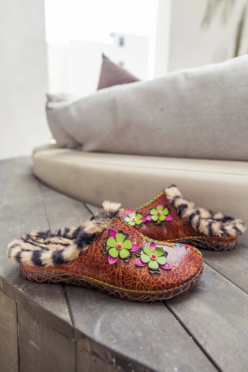 SOFFIA | Tiger Printed Wool Lined Applique Leather Slipper - Brown - Image 10