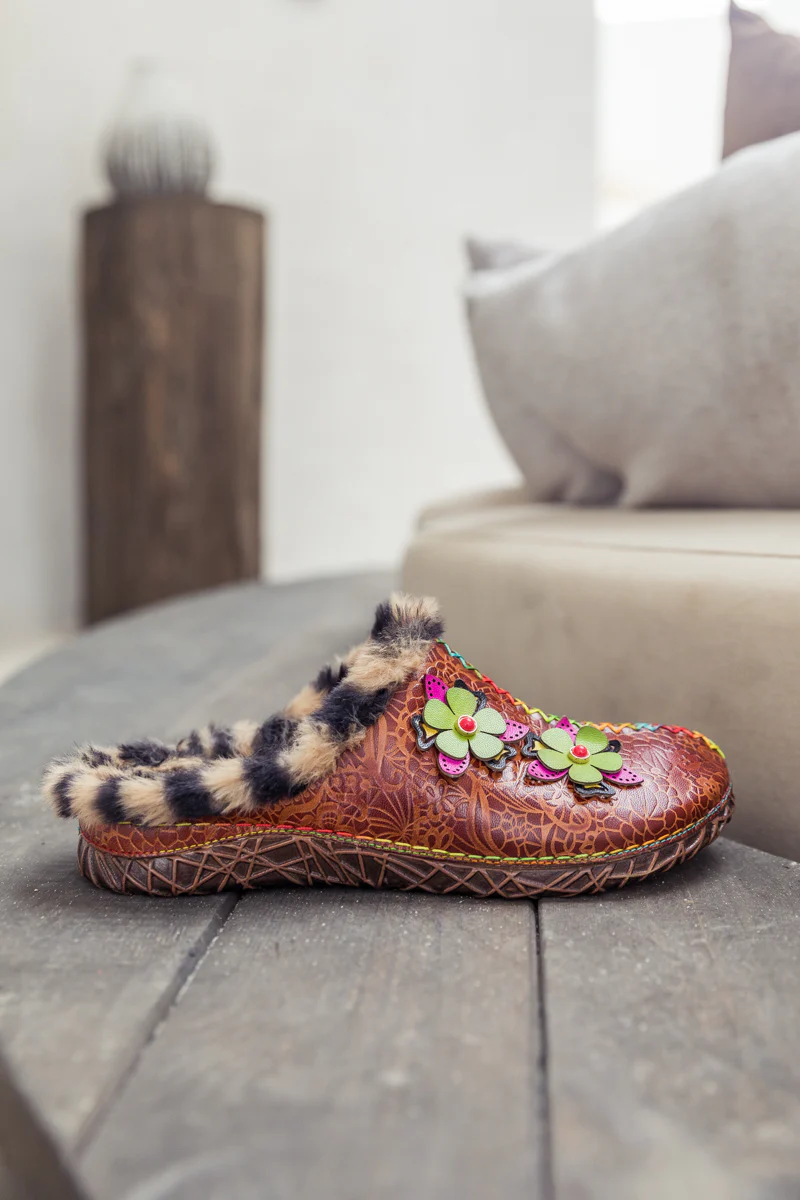 SOFFIA | Tiger Printed Wool Lined Applique Leather Slipper - Brown - Image 5