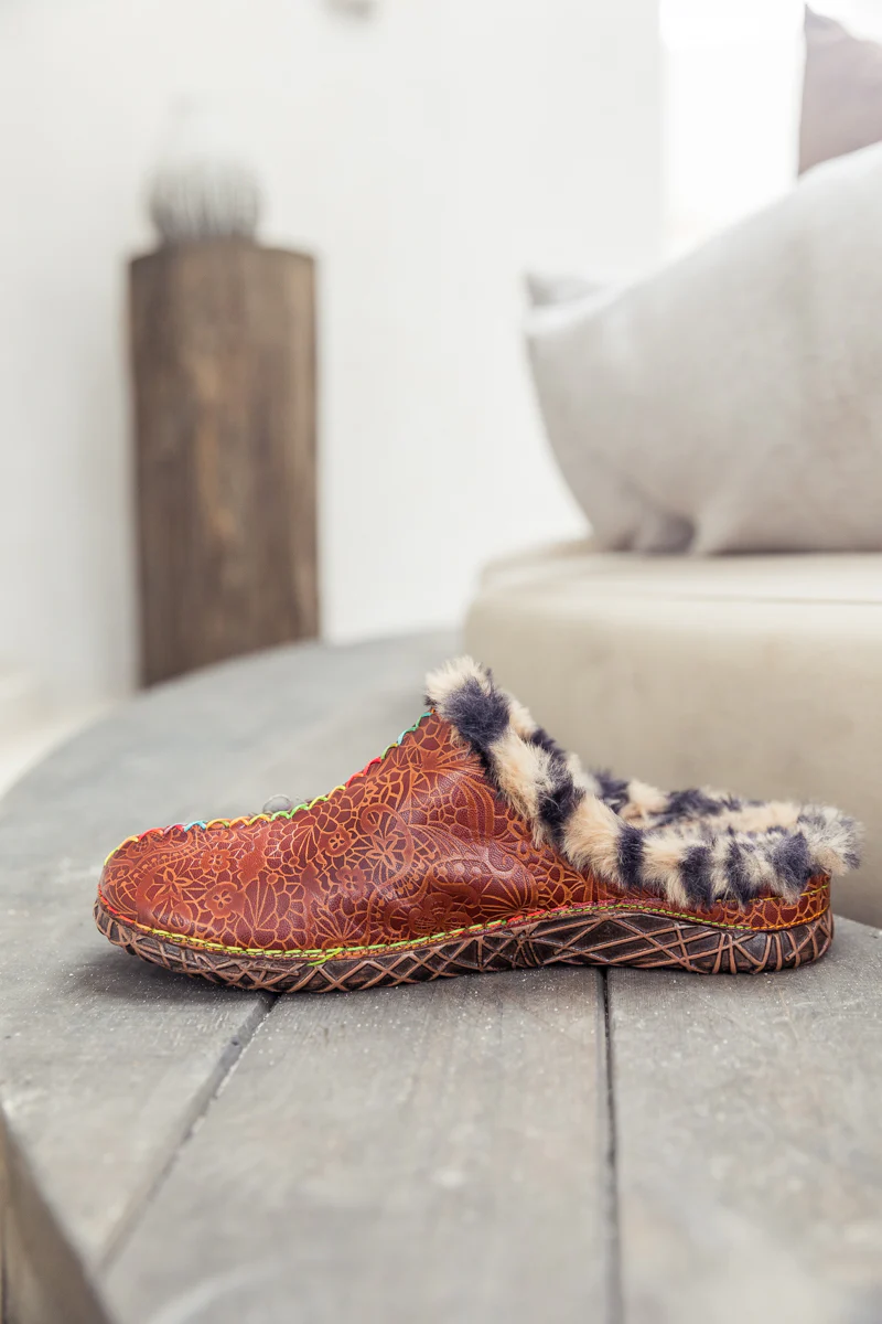 SOFFIA | Tiger Printed Wool Lined Applique Leather Slipper - Brown - Image 6