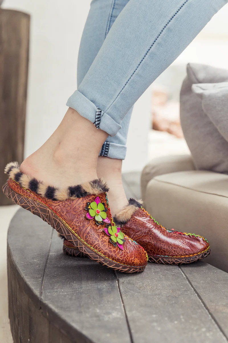 SOFFIA | Tiger Printed Wool Lined Applique Leather Slipper - Brown - Image 8
