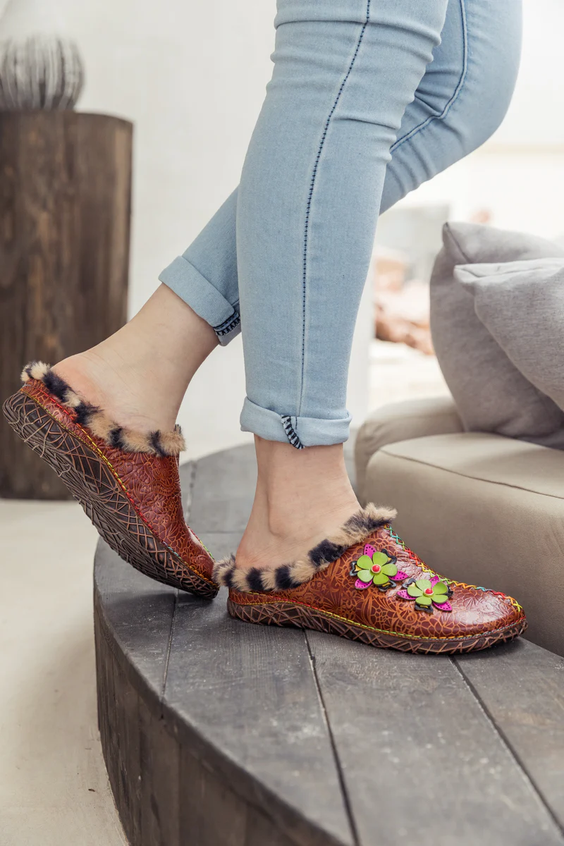 SOFFIA | Tiger Printed Wool Lined Applique Leather Slipper - Brown - Image 9