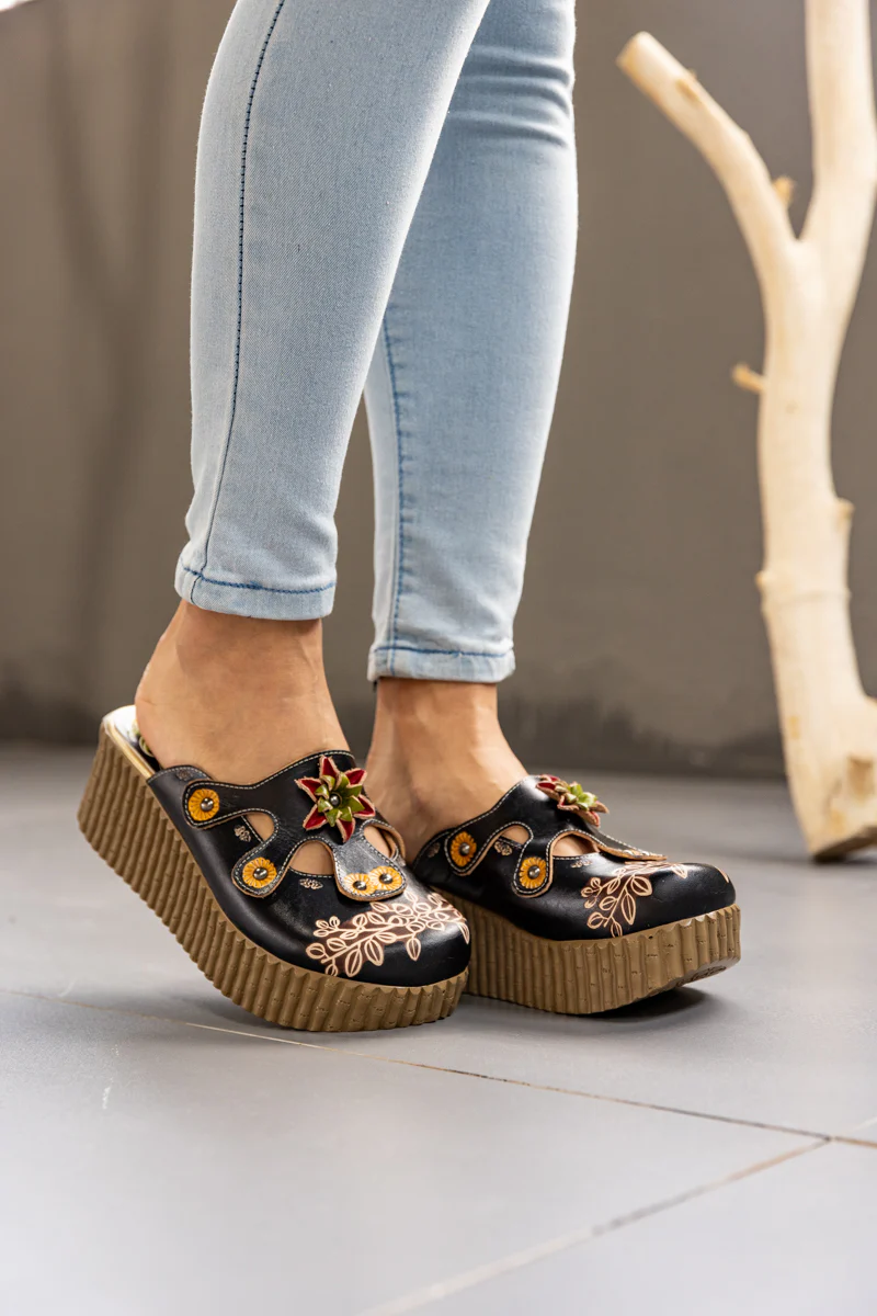Soffia | Timeless Beauty Floral Embossed Leather Platform Clog - Image 5