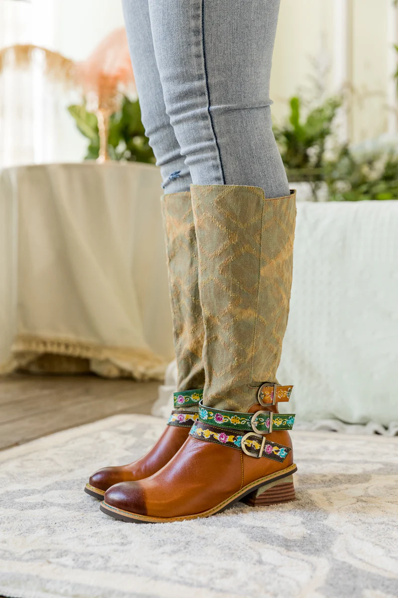 SOFFIA | TRI-STRAP CANVAS LEATHER KNEE HIGH BOOT - Image 3