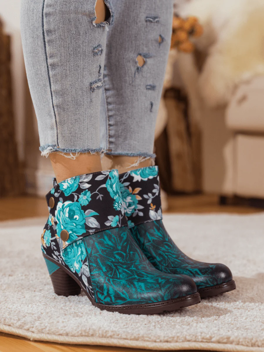 SOFFIA | TURQUOISE FLORAL ABSTRACT LEATHER BOOTIE - Image 2