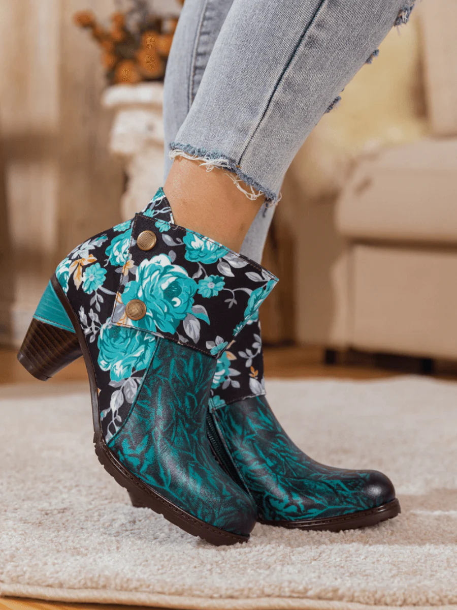 SOFFIA | TURQUOISE FLORAL ABSTRACT LEATHER BOOTIE - Image 3