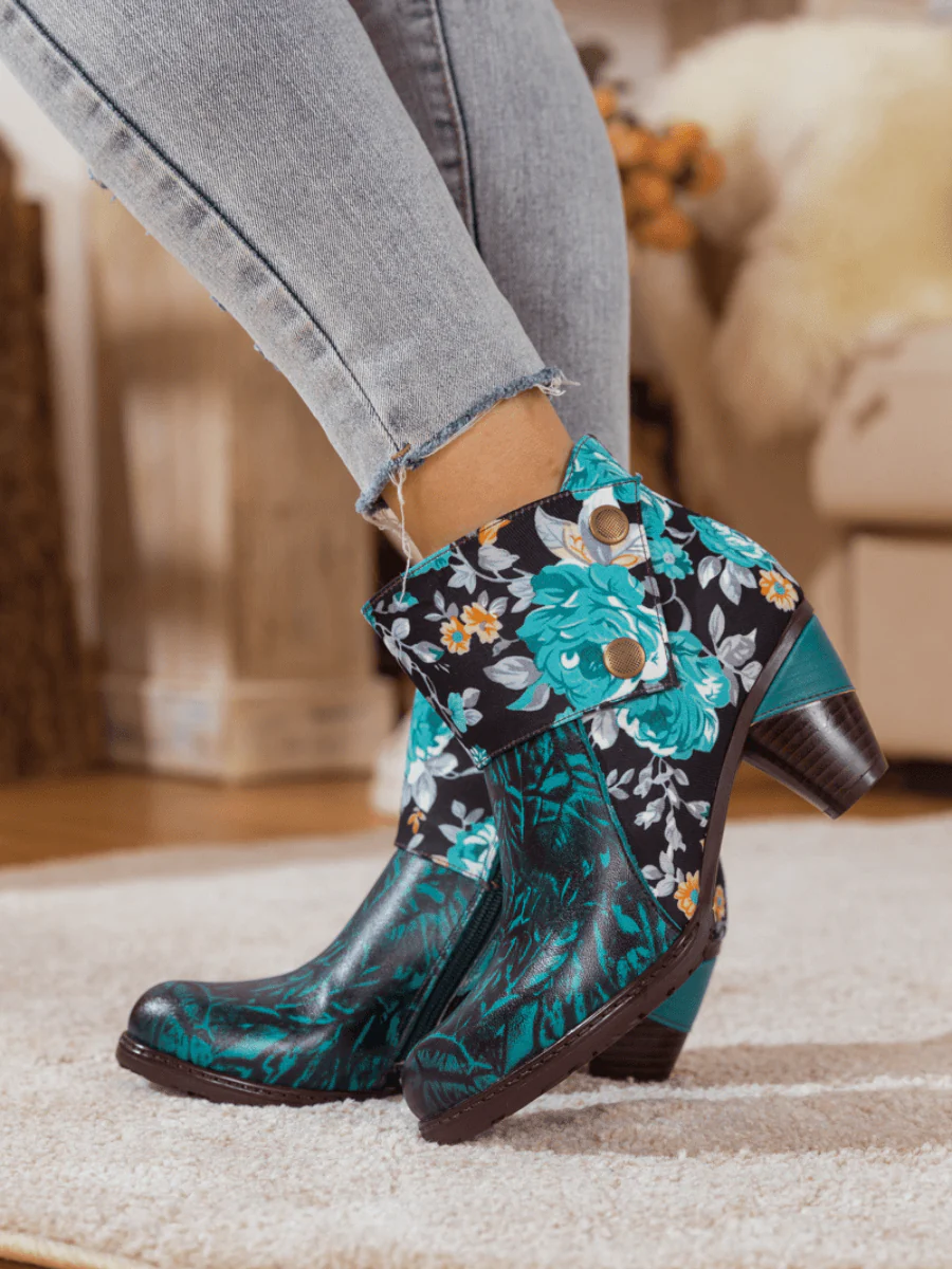 SOFFIA | TURQUOISE FLORAL ABSTRACT LEATHER BOOTIE - Image 4