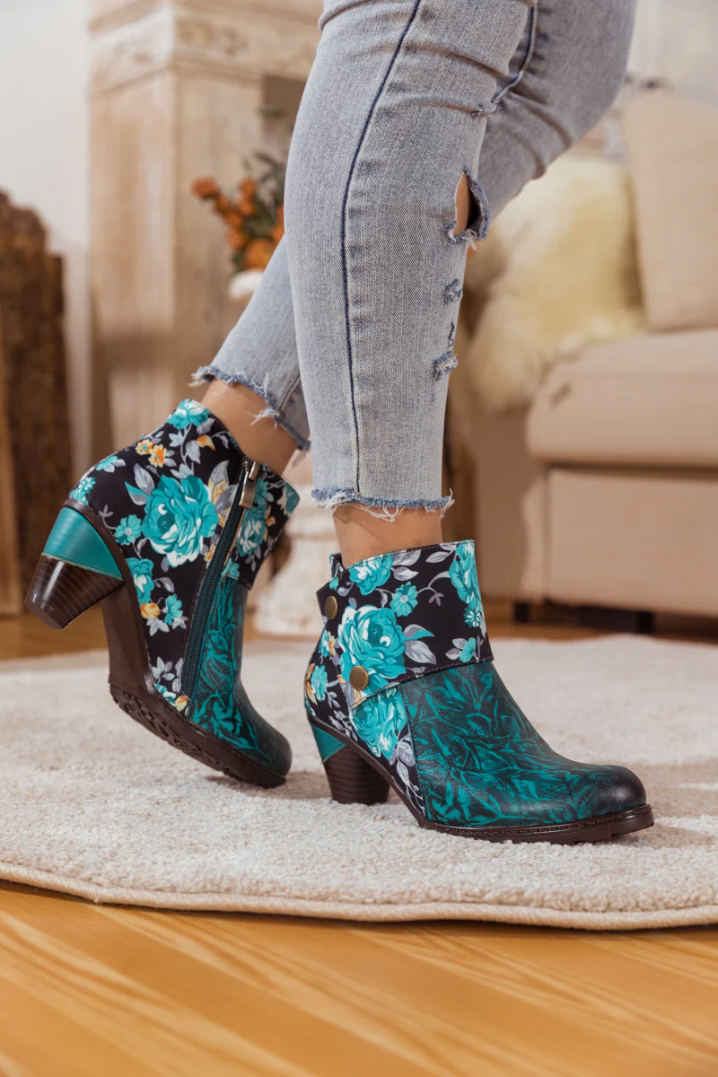SOFFIA | TURQUOISE FLORAL ABSTRACT LEATHER BOOTIE - Image 5
