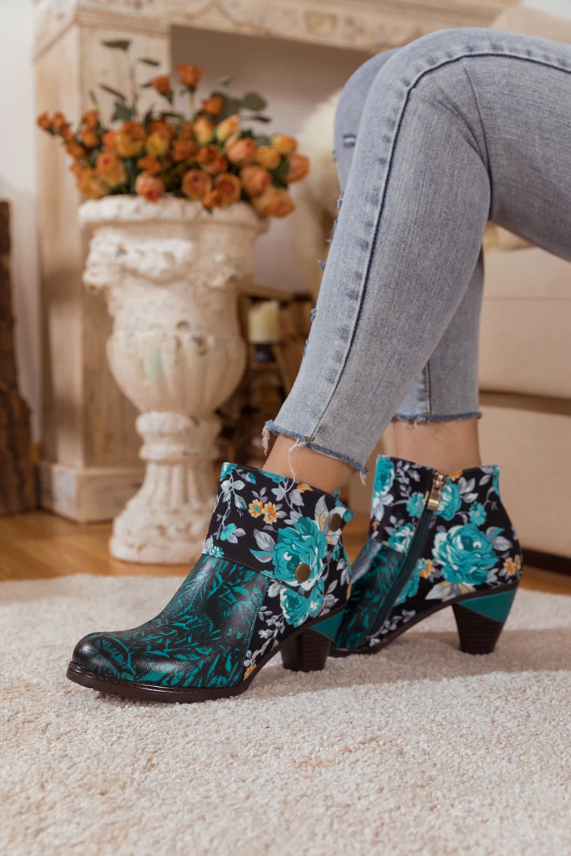SOFFIA | TURQUOISE FLORAL ABSTRACT LEATHER BOOTIE - Image 6