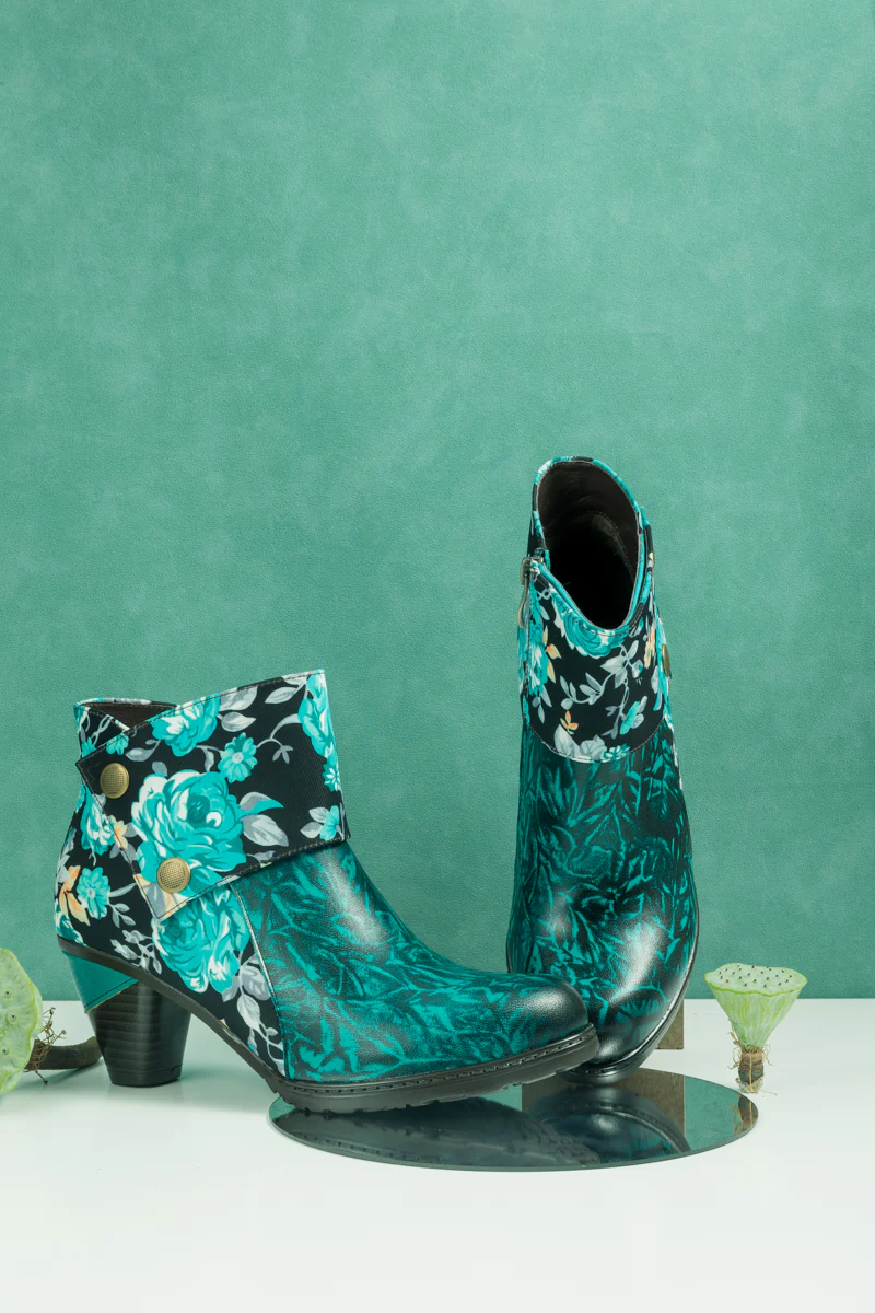 SOFFIA | TURQUOISE FLORAL ABSTRACT LEATHER BOOTIE - Image 7
