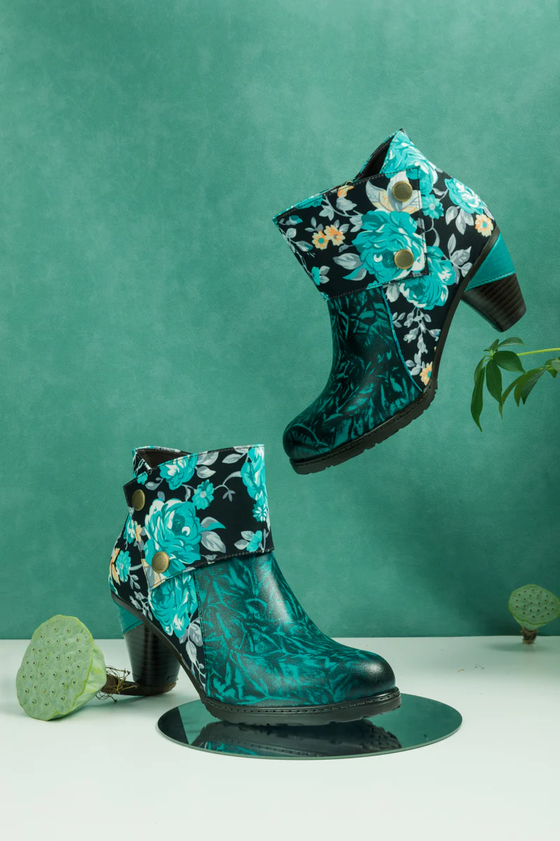 SOFFIA | TURQUOISE FLORAL ABSTRACT LEATHER BOOTIE - Image 8