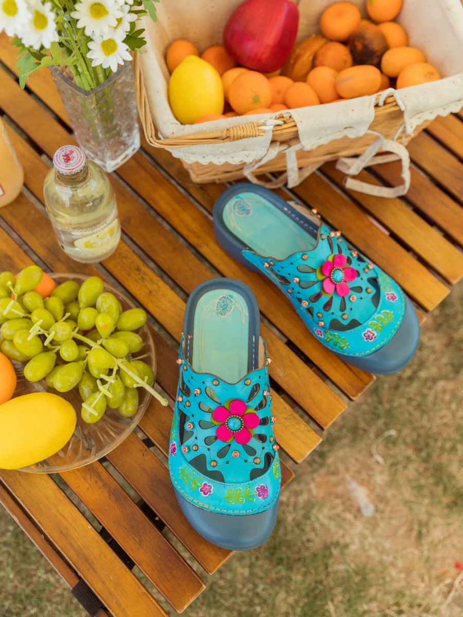 SOFFIA | Turquoise Floral-Applique Cutout Leather Sandal - Image 10