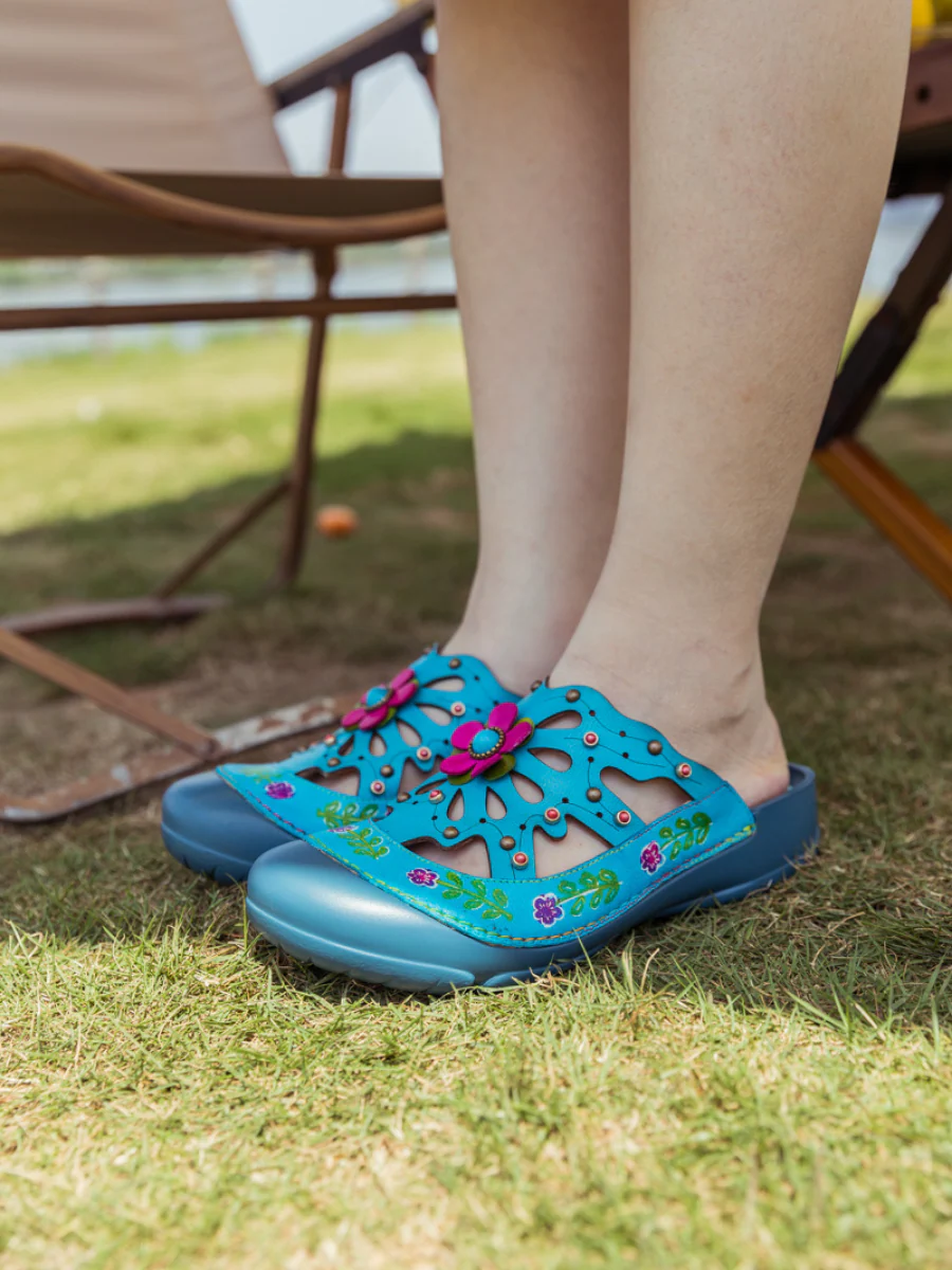 SOFFIA | Turquoise Floral-Applique Cutout Leather Sandal - Image 3