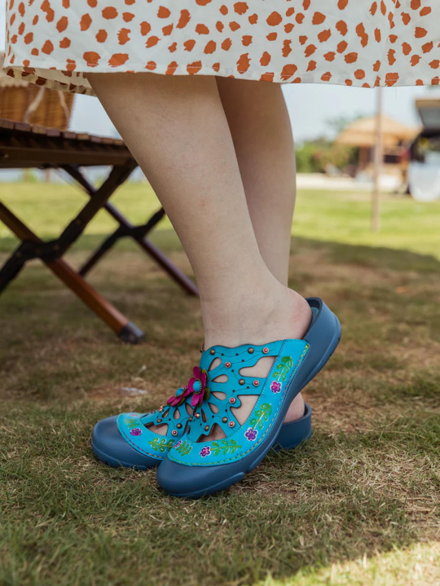 SOFFIA | Turquoise Floral-Applique Cutout Leather Sandal - Image 5
