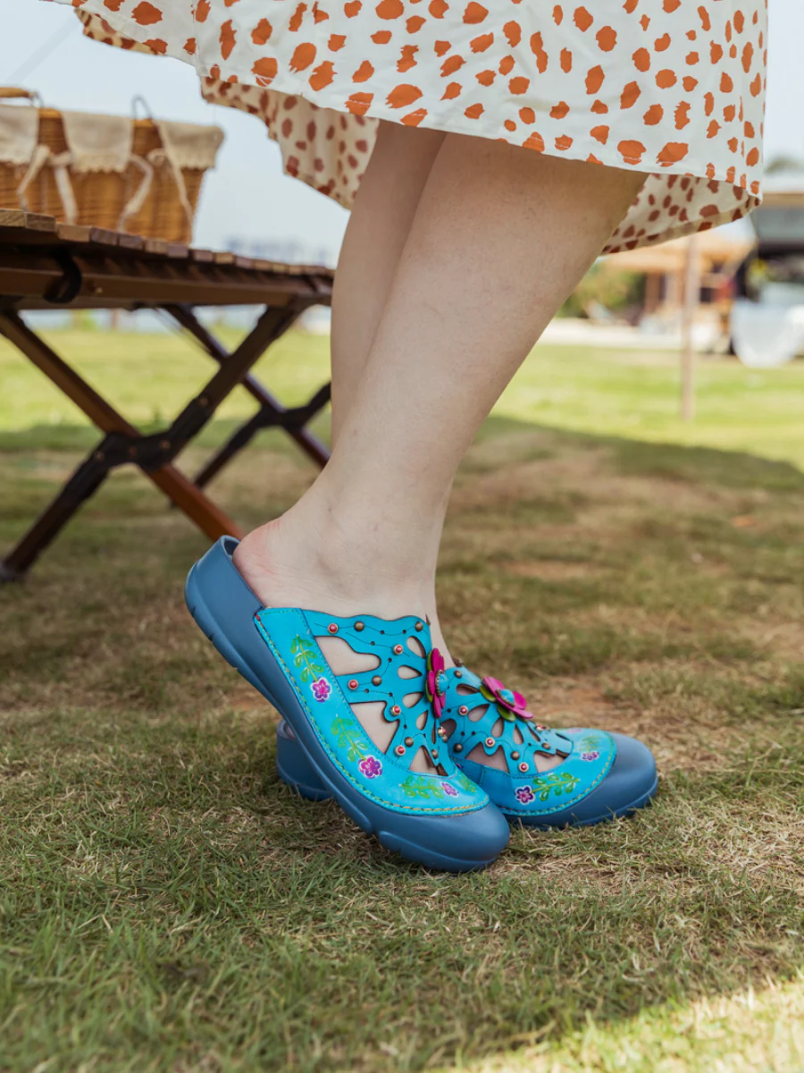 SOFFIA | Turquoise Floral-Applique Cutout Leather Sandal - Image 6