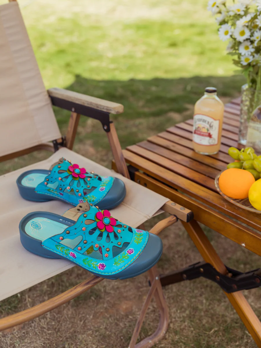 SOFFIA | Turquoise Floral-Applique Cutout Leather Sandal - Image 7