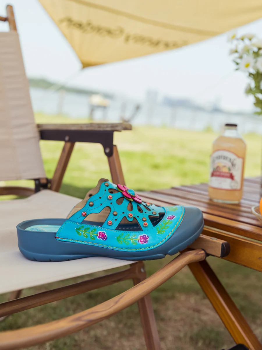 SOFFIA | Turquoise Floral-Applique Cutout Leather Sandal - Image 8