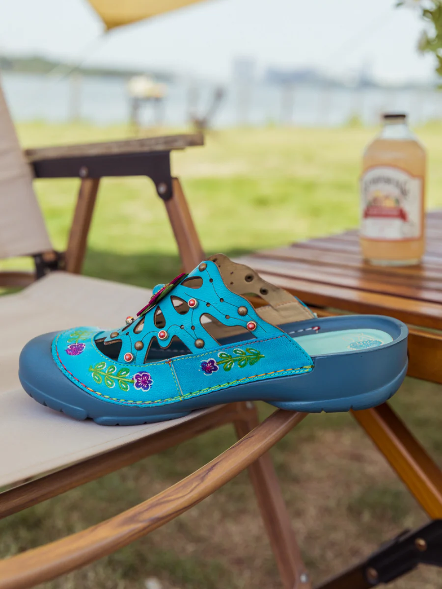 SOFFIA | Turquoise Floral-Applique Cutout Leather Sandal - Image 9