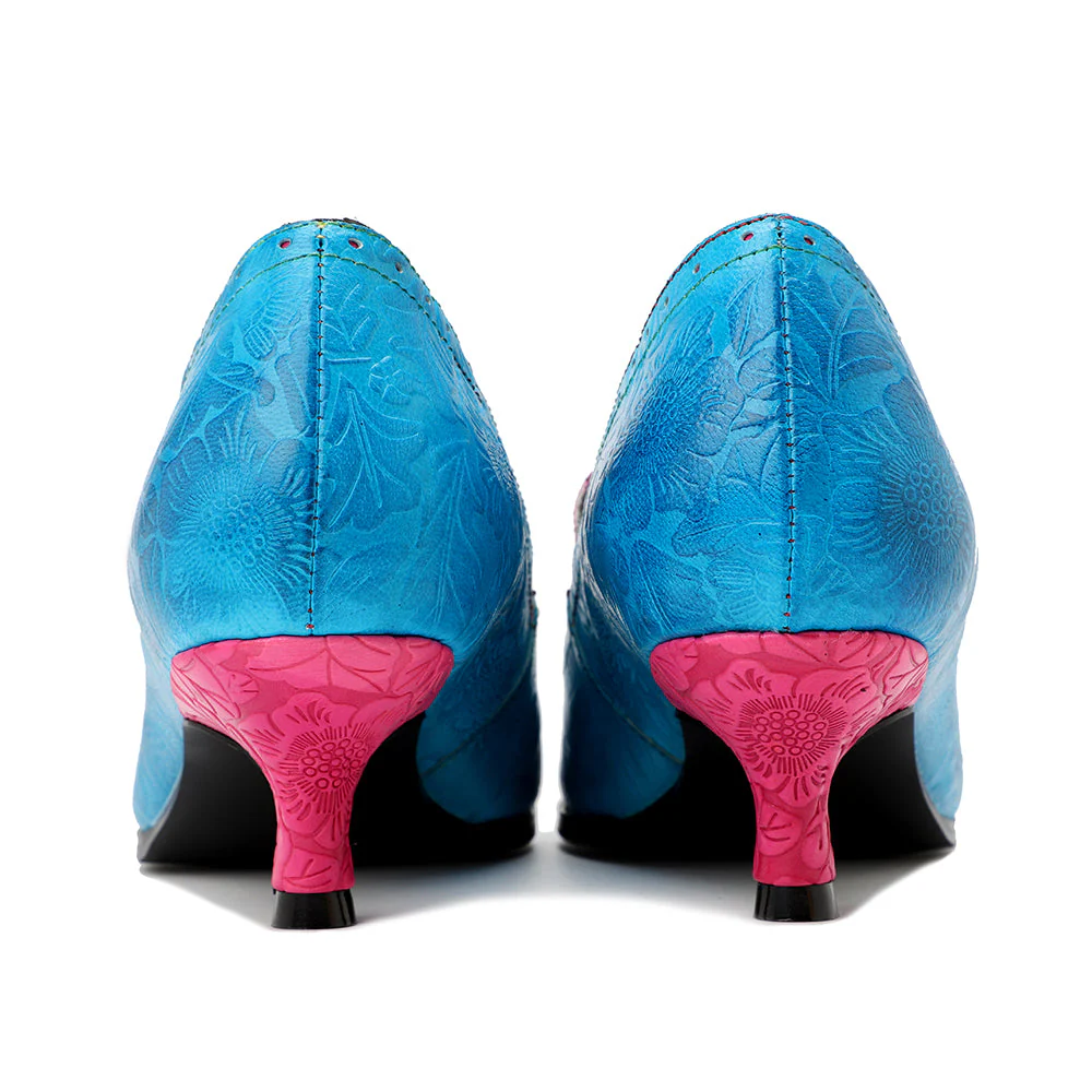 SOFFIA | Turquoise Floral Embossed Genuine Leather Kitten Heel Oxford Shoes - Image 10