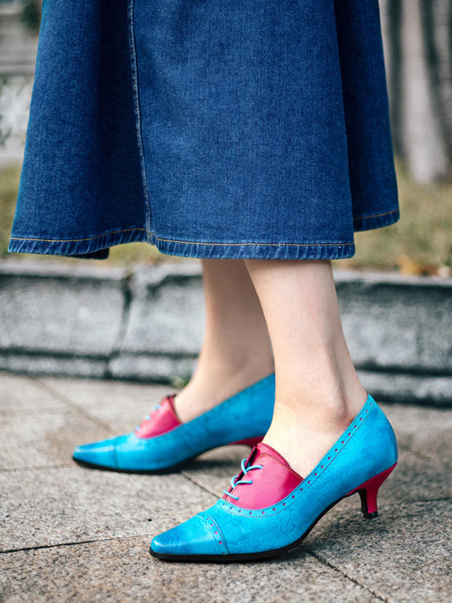 SOFFIA | Turquoise Floral Embossed Genuine Leather Kitten Heel Oxford Shoes - Image 3