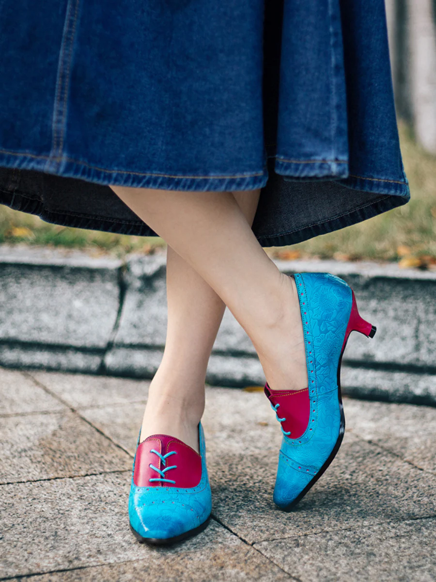 SOFFIA | Turquoise Floral Embossed Genuine Leather Kitten Heel Oxford Shoes - Image 4