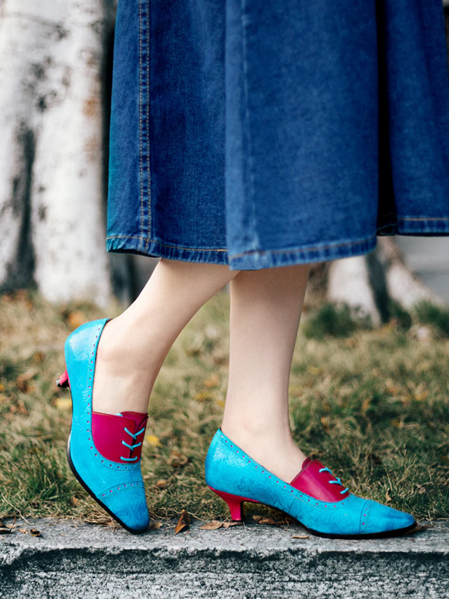SOFFIA | Turquoise Floral Embossed Genuine Leather Kitten Heel Oxford Shoes - Image 5