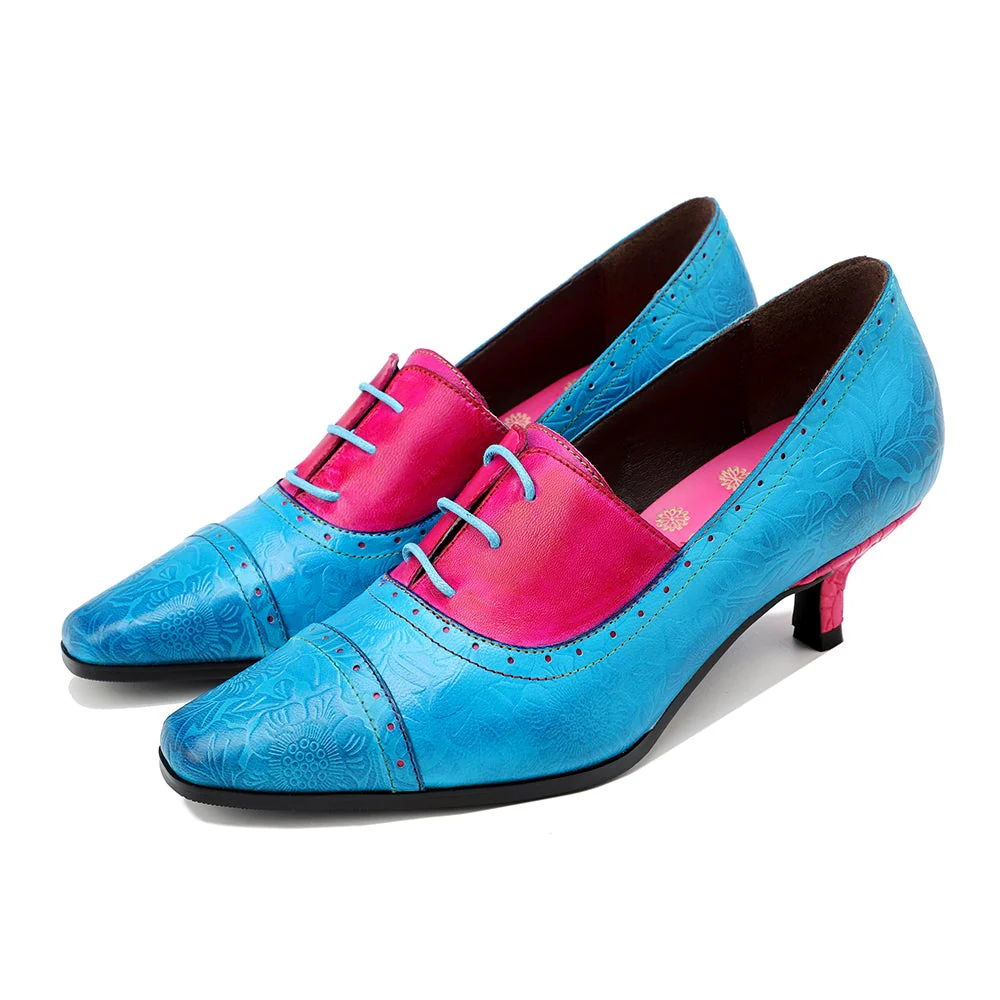 SOFFIA | Turquoise Floral Embossed Genuine Leather Kitten Heel Oxford Shoes - Image 6