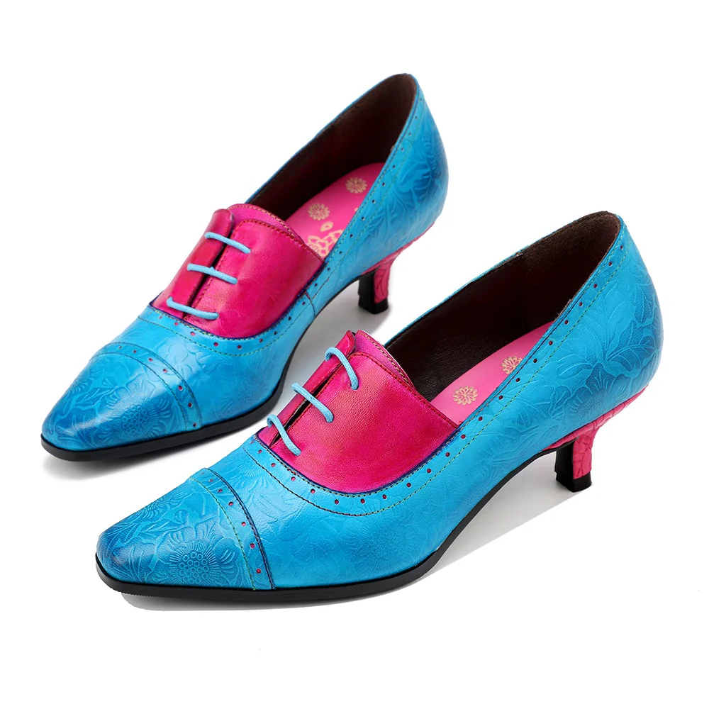 SOFFIA | Turquoise Floral Embossed Genuine Leather Kitten Heel Oxford Shoes - Image 7
